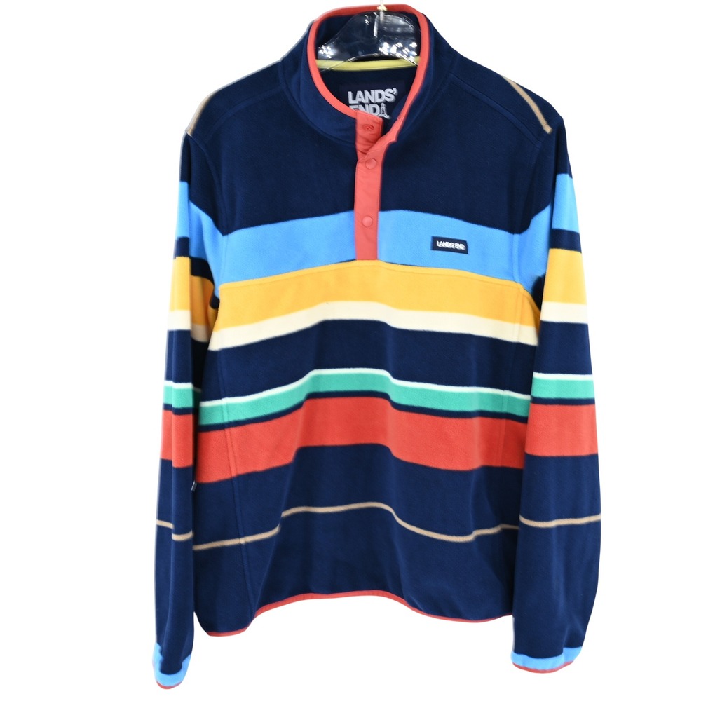 Lands End Mens Large Fleece Pullover Snap Neck Striped Multi Color Navy Blue L